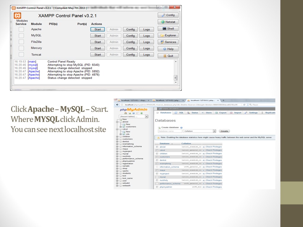 Click Apache – MySQL – Start. Where MYSQL click Admin. You can see next